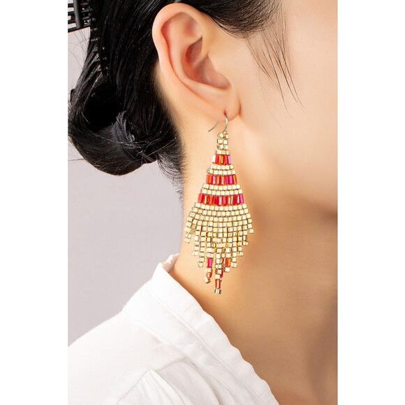 Hand Made Beaded Pink and Gold Tassel Drop Earrings - Picture 2 of 3